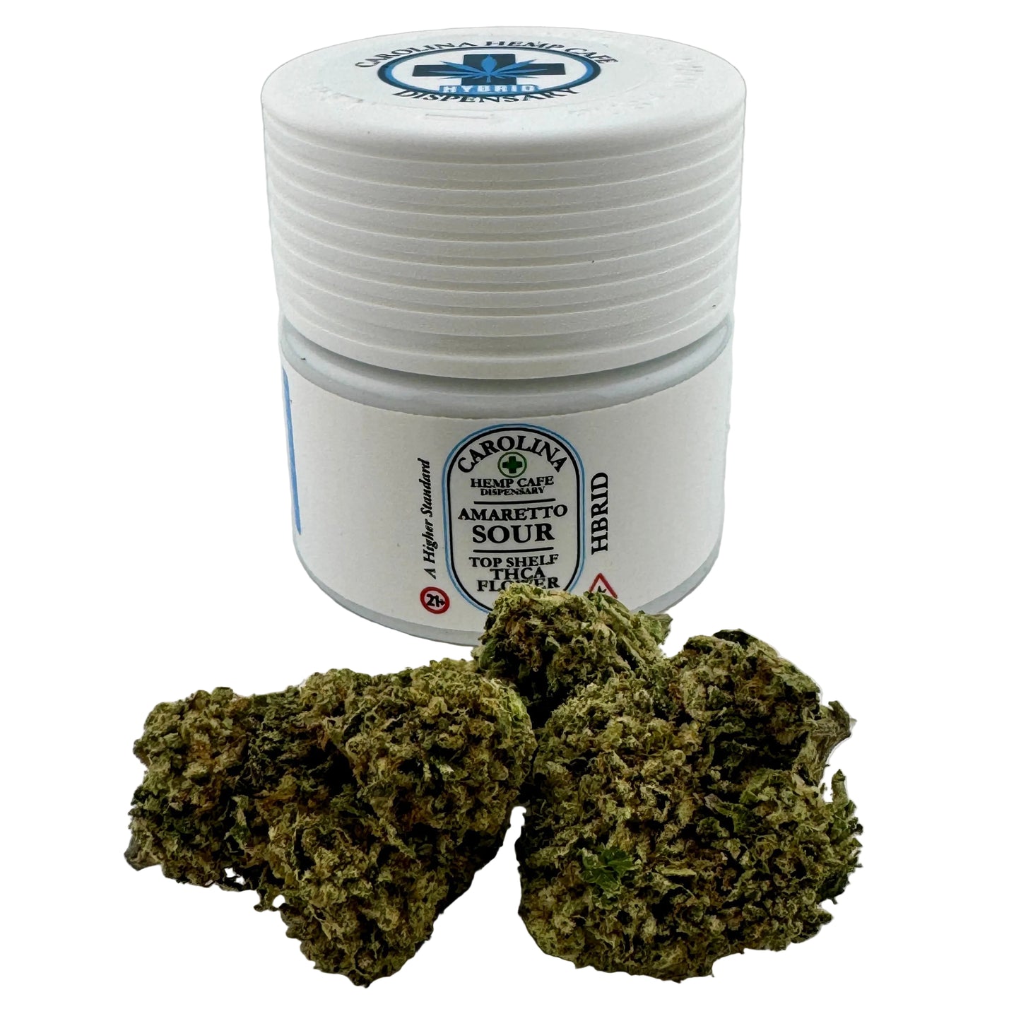 White container labeled 'Carolina Hemp' with cannabis buds on a light background
