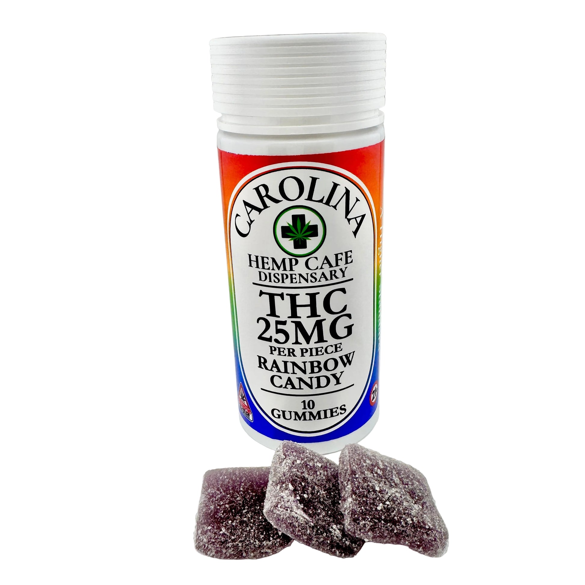 Jar of THC gummies with a label from Carolina Hemp Cafe Dispensary on a white background