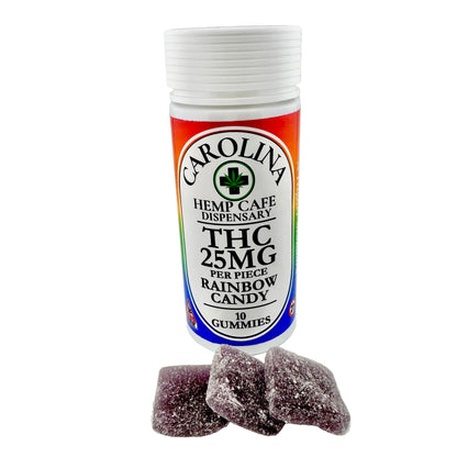 Jar of THC gummies with a label from Carolina Hemp Cafe Dispensary on a white background