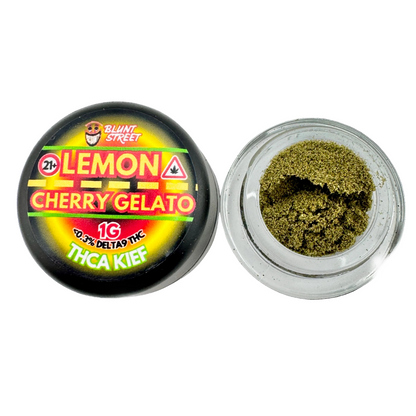 Jar of Lemon Cherry GelatoTHCA Kief with visible branding on a white background