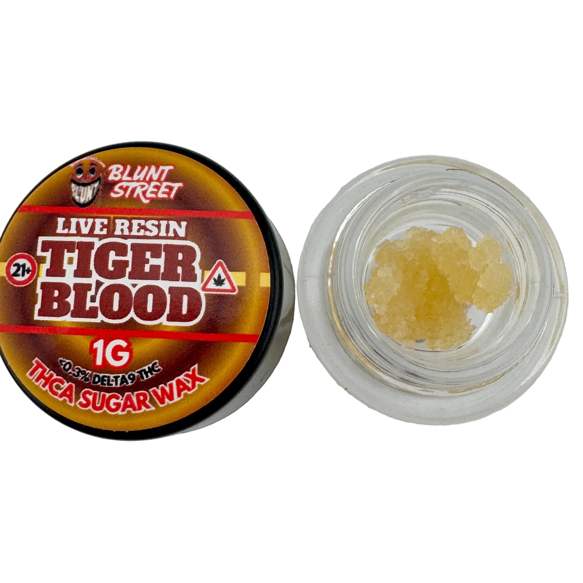 Blunt Street Tiger Blood live resin product with open container on a white background