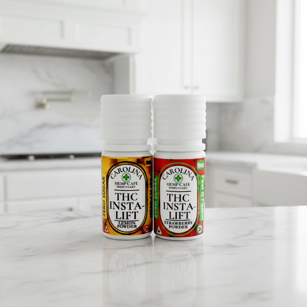 Two bottles of Carolina Hemp Cafe THC Insta-Lift on a white background