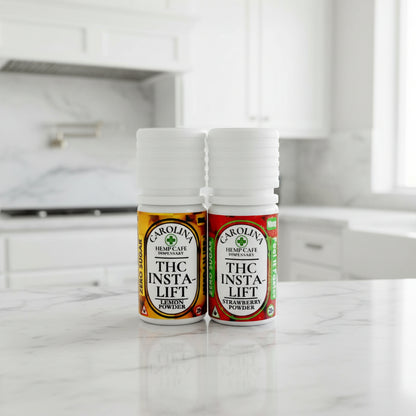 Two bottles of Carolina Hemp Cafe THC Insta-Lift on a white background