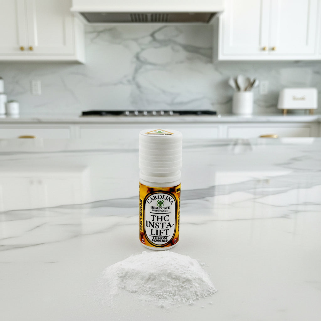Bottle of THC powder labeled 'THC Insta-Lift' on a gray background