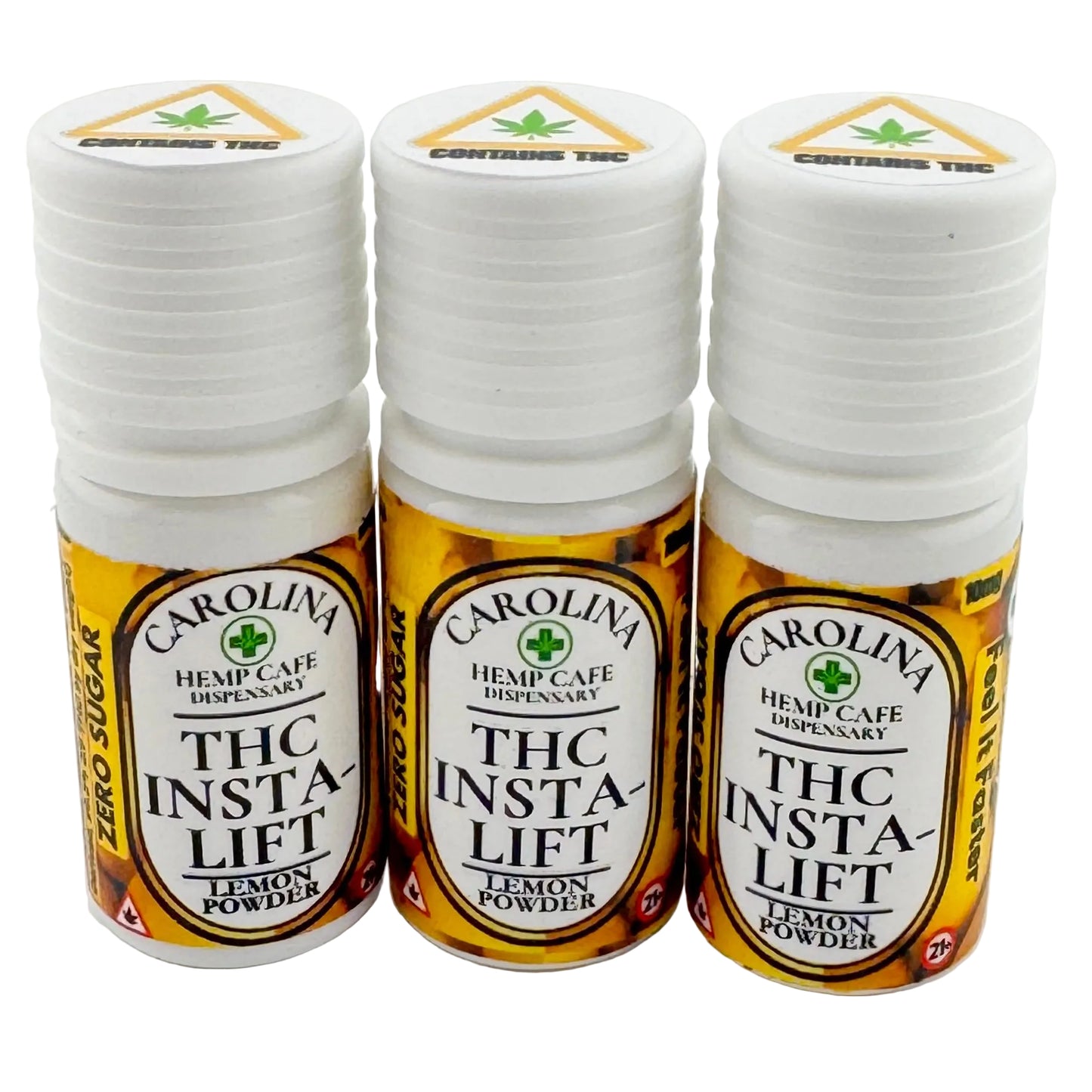 Three bottles of Carolina Hemp Cafe Dispensary THC Insta-Lift Lemon Powder on a white background.