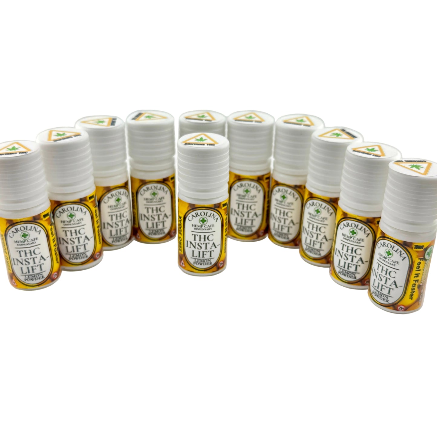 Multiple small bottles labeled 'THC INSTA LIFT' on a white background