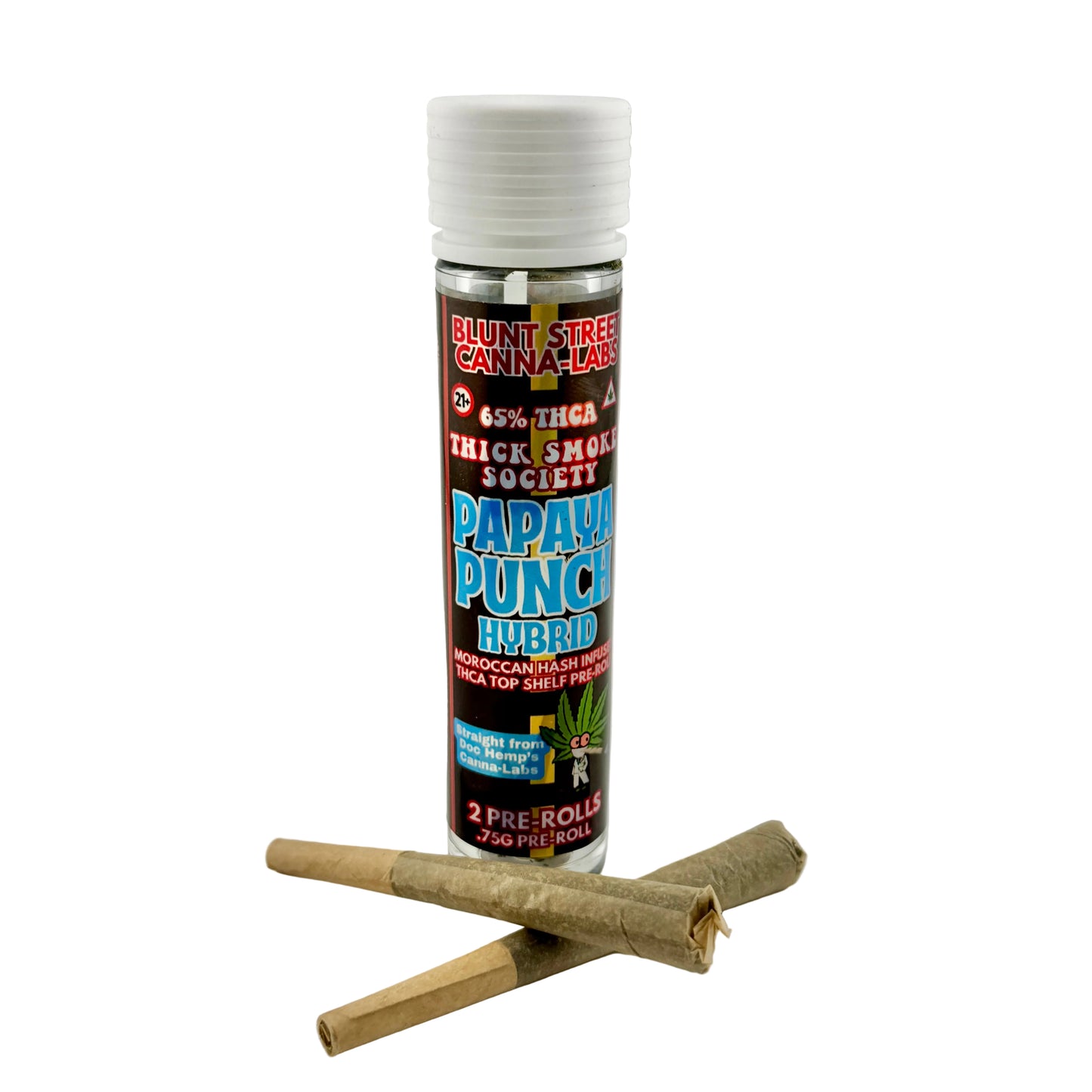 Bottle of Blunt Street Canna Labs Papaya Punch Hybrid pre-rolls on a gray background