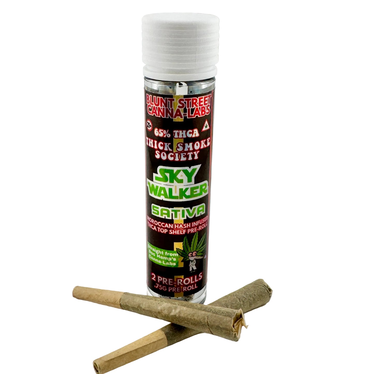 Cannabis product packaging with pre-rolled joints on a white background