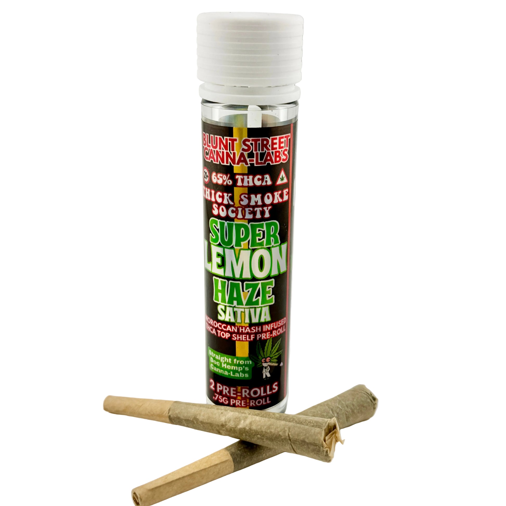 Cannabis product with packaging and prerolls on a gray background