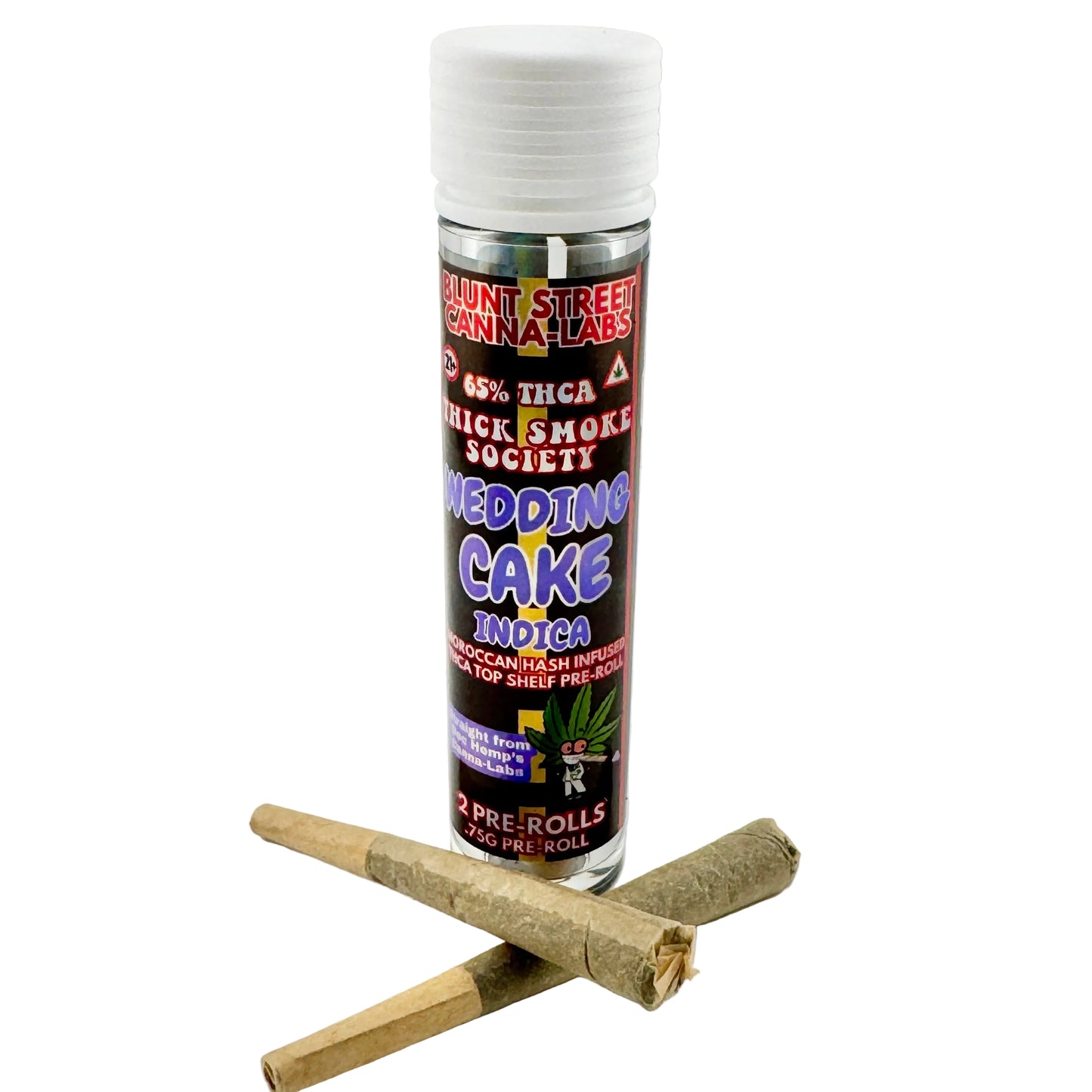 Cannabis product packaging with rolling papers on a gray background