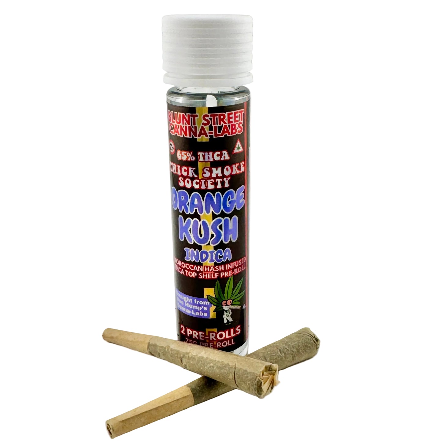Bottle of 'Orange Kush' pre-rolled joints with rolling papers on a gray background