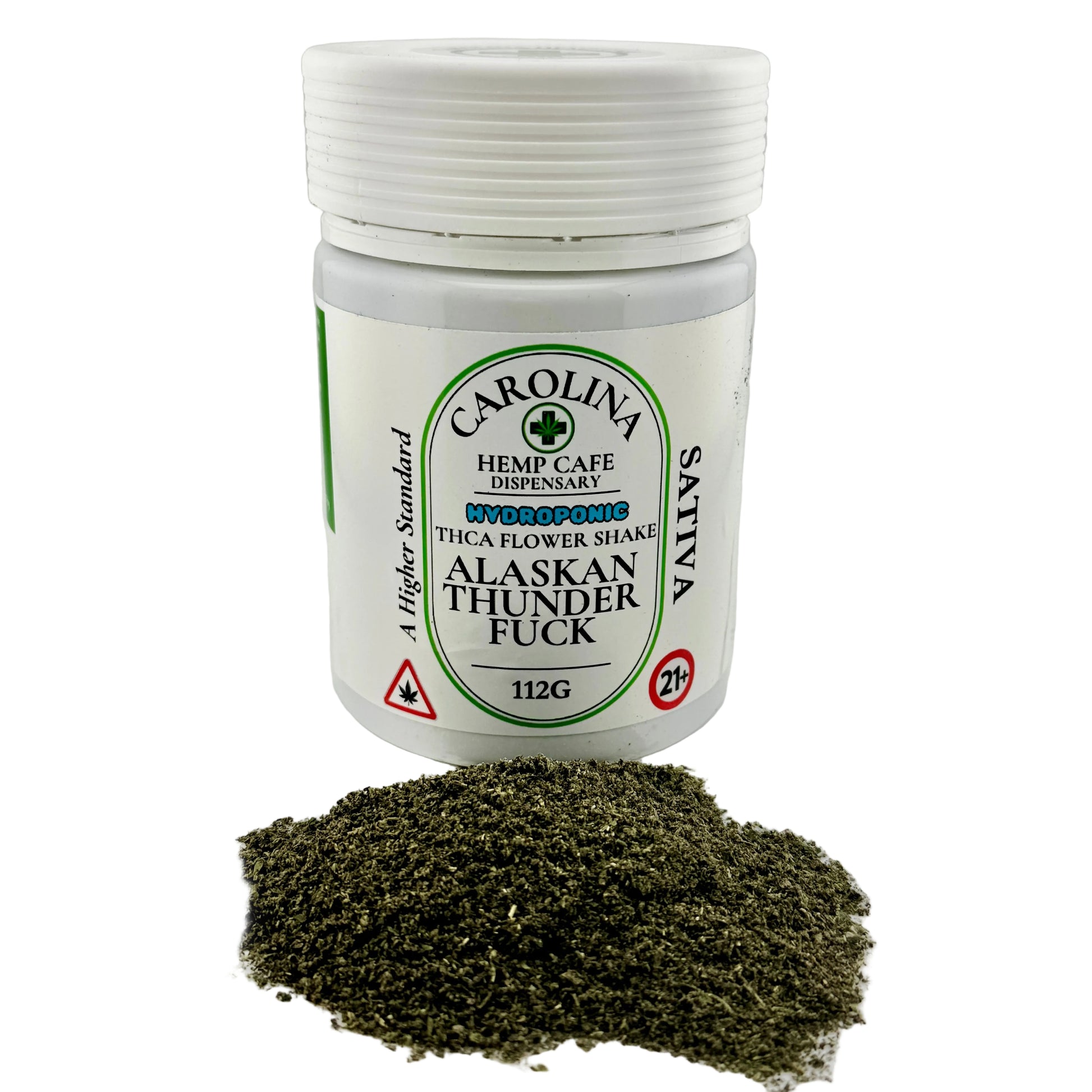 Jar of Carolina Hemp Cafe product with green herb on a white background