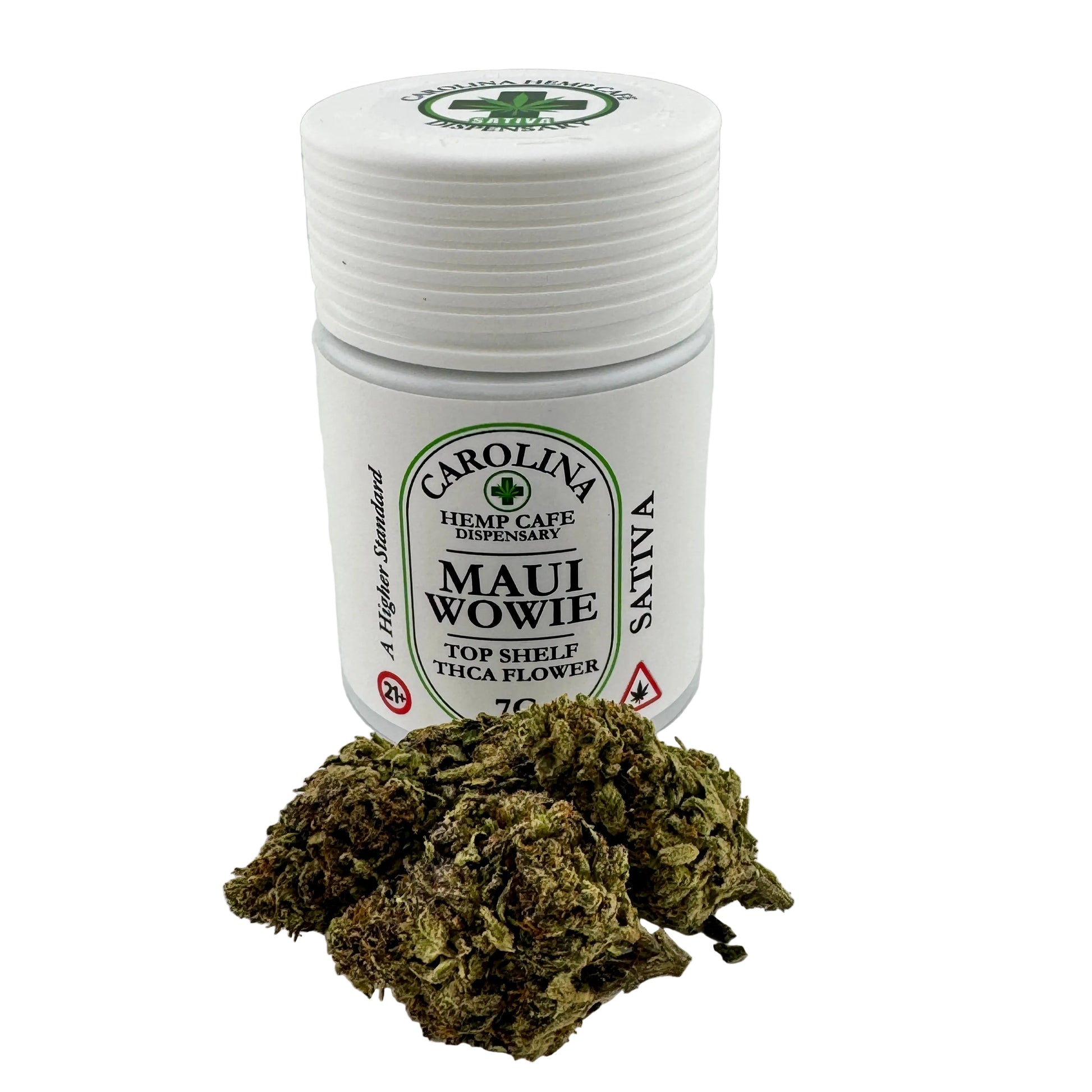 Jar of Carolina Hemp Cafe Maui WowieTHCA flower on a white background