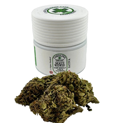 Jar of marijuana with visible branding on a white background