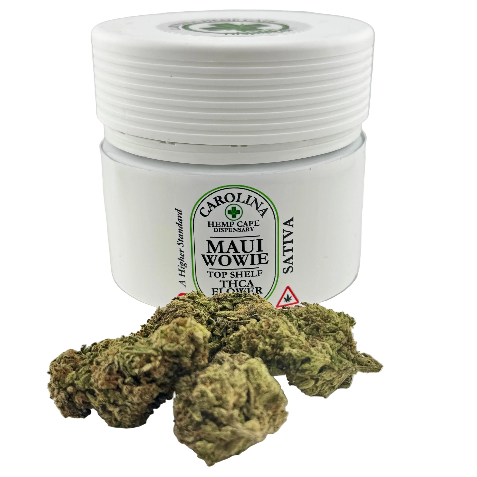 Jar of Carolina Hemp Cafe dispensary Maui Wowie Sativa with cannabis buds on a white background