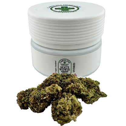 White container with marijuana buds on a white background