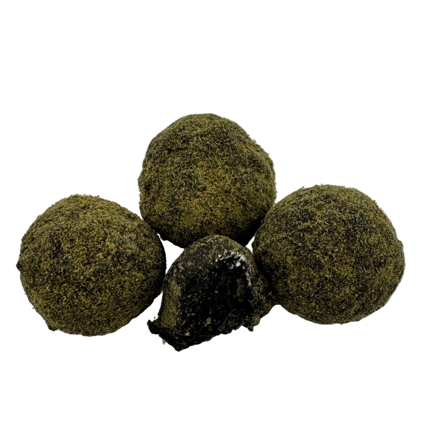 Four greenish-brown spherical objects on a white background