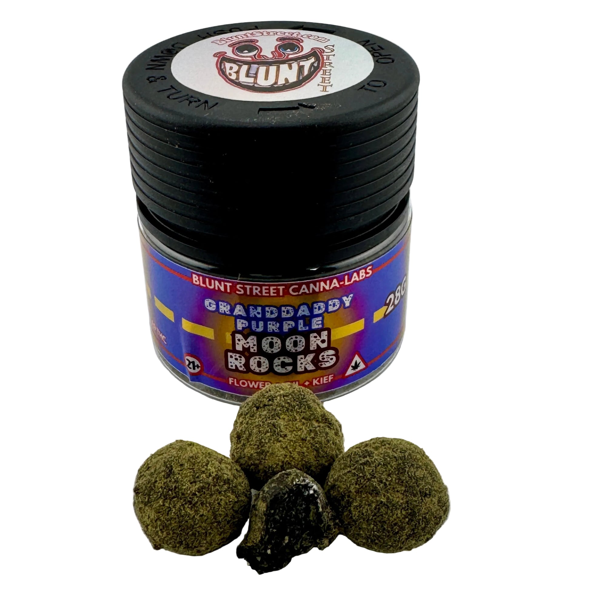 Jar of 'Granddaddy Purple Moon Rocks' with cannabis buds on a white background