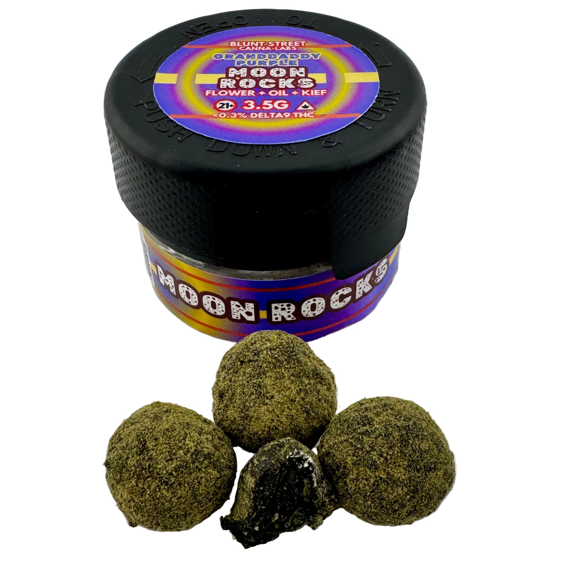 Jar of 'Moon Rocks' cannabis products with three green balls on a white background
