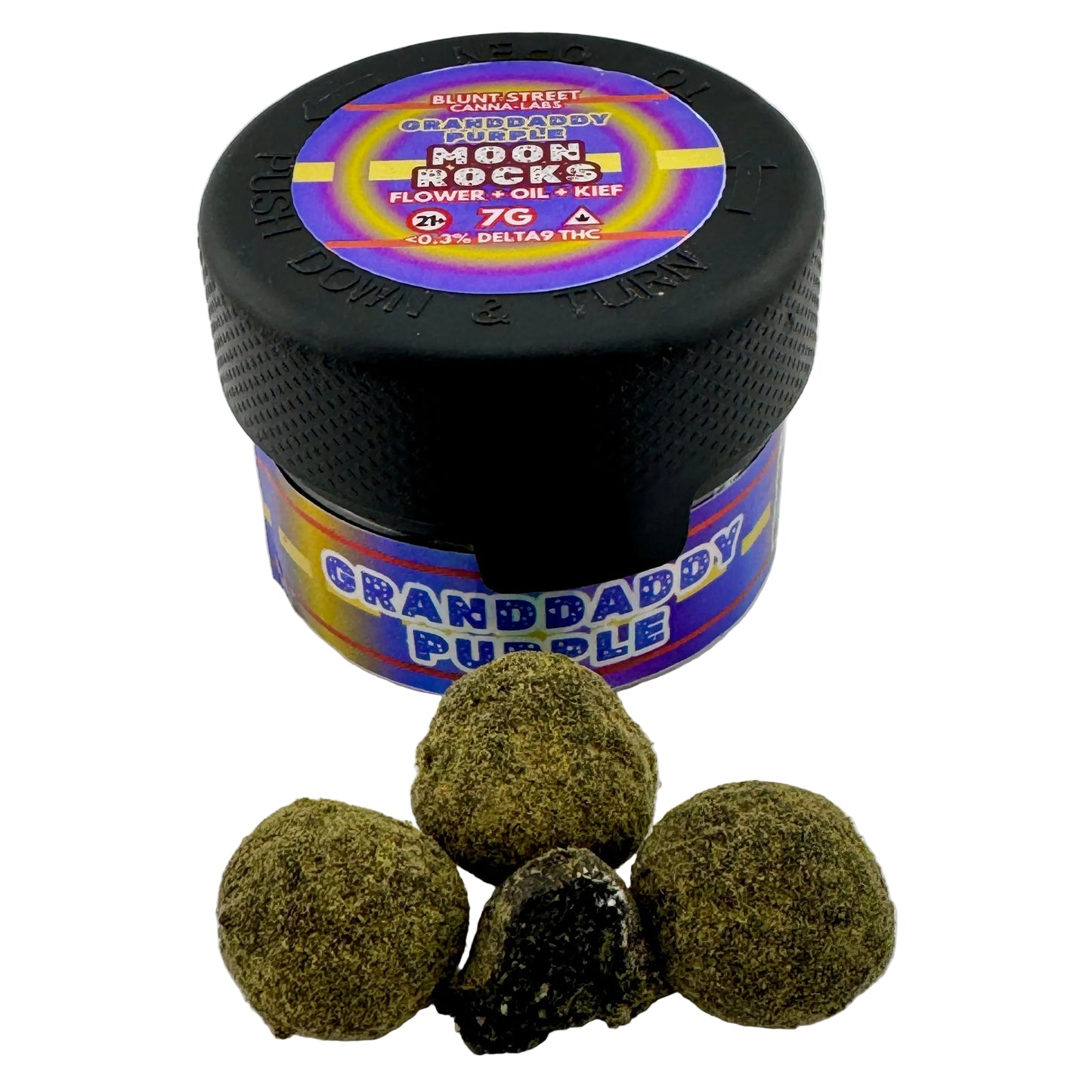 Jar of Granddaddy Purple cannabis products with three buds on a white background