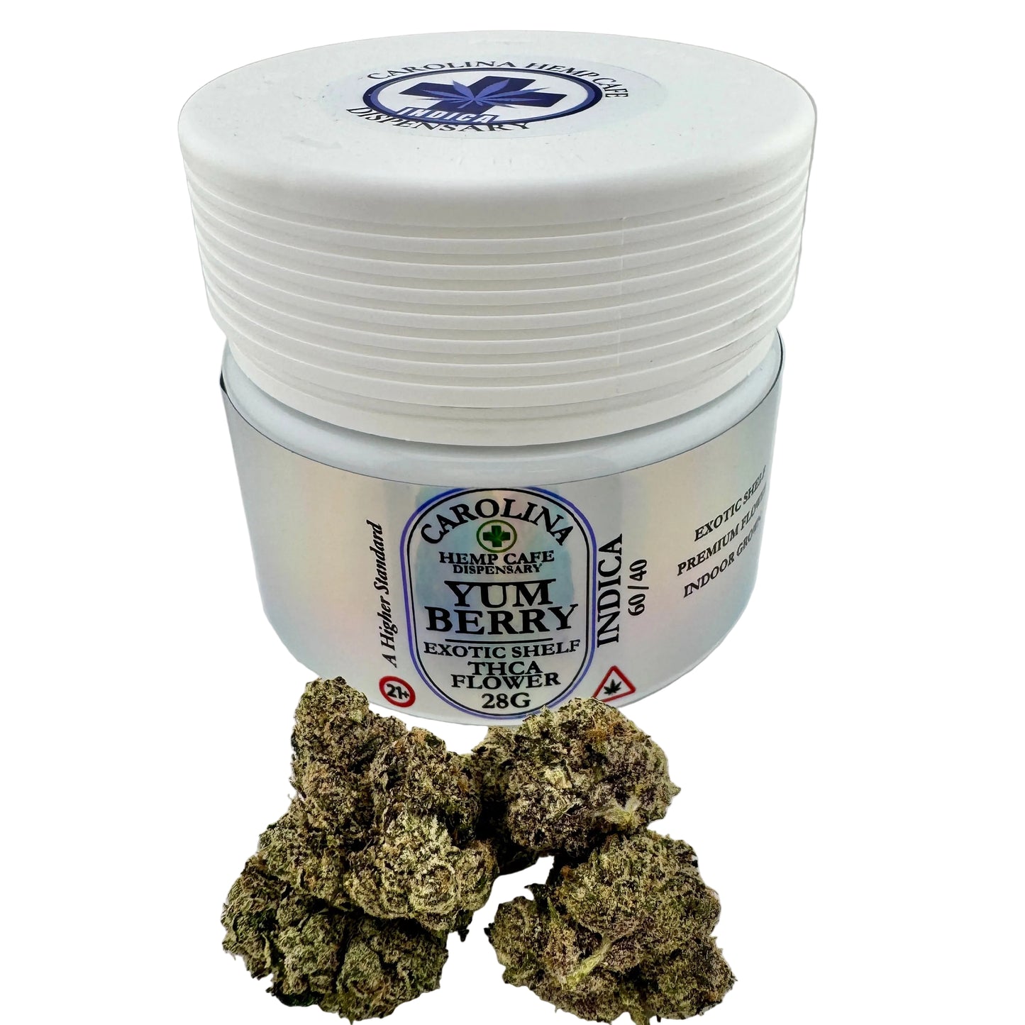 Jar of Carolina Hemp Yum Berry Indica with cannabis buds on a white background