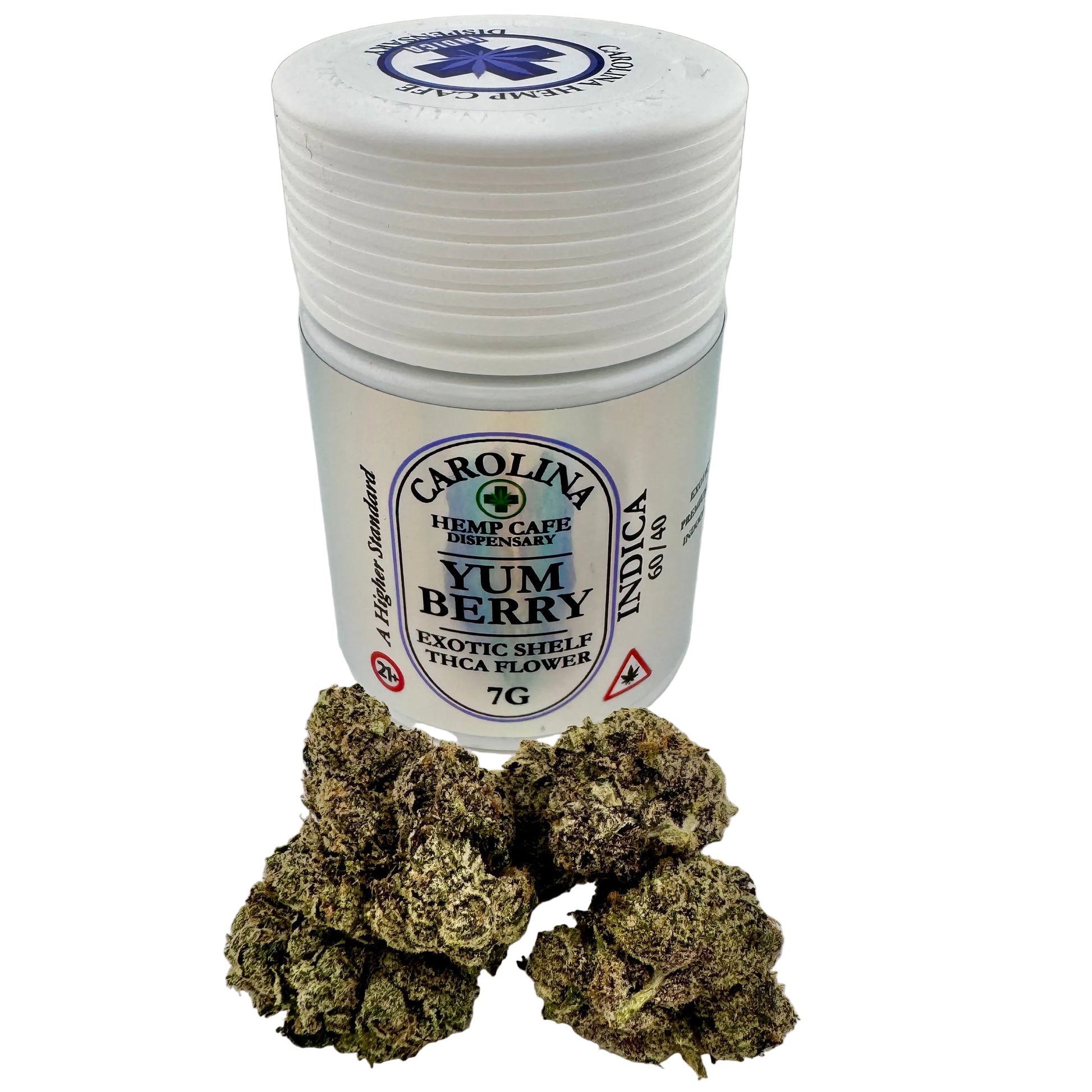 Jar of Carolina Yum Berry indica cannabis flower on a gray background