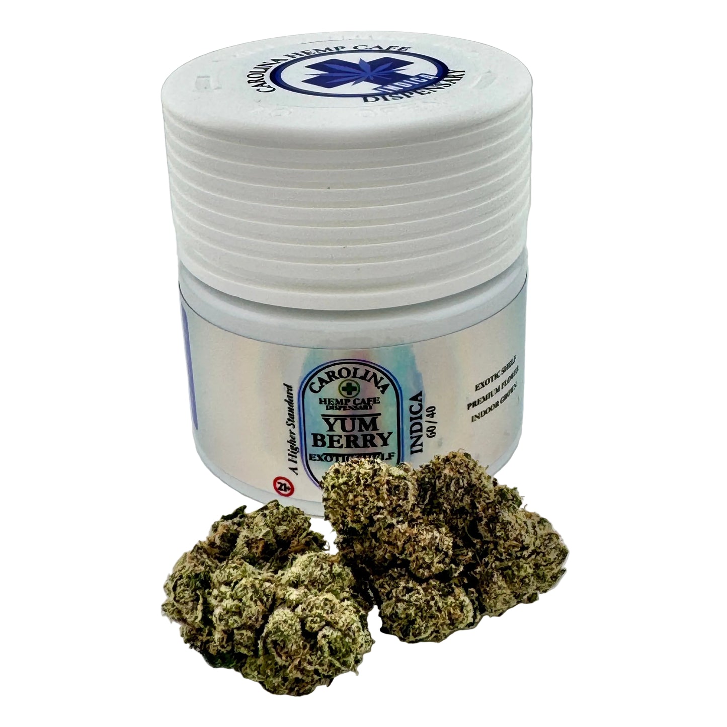 Jar of Carolina Yum Berry indica cannabis with buds on a light gray background