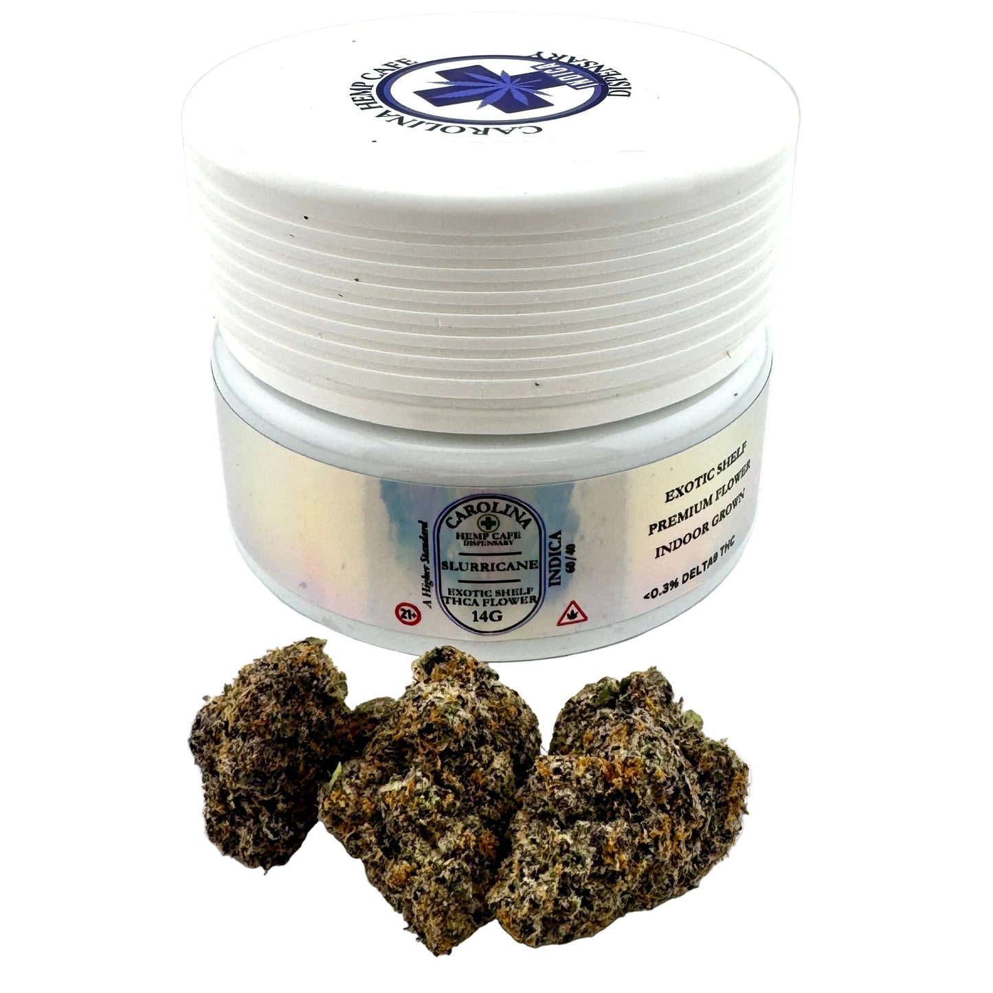 Jar of cannabis buds with a white lid on a light background