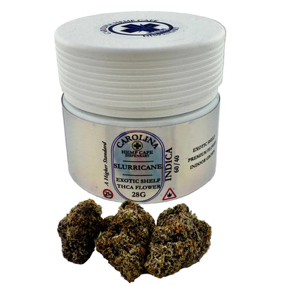 Jar of Carolina Hemp Cafe Slurricane IndicaTHC flower on a gray background