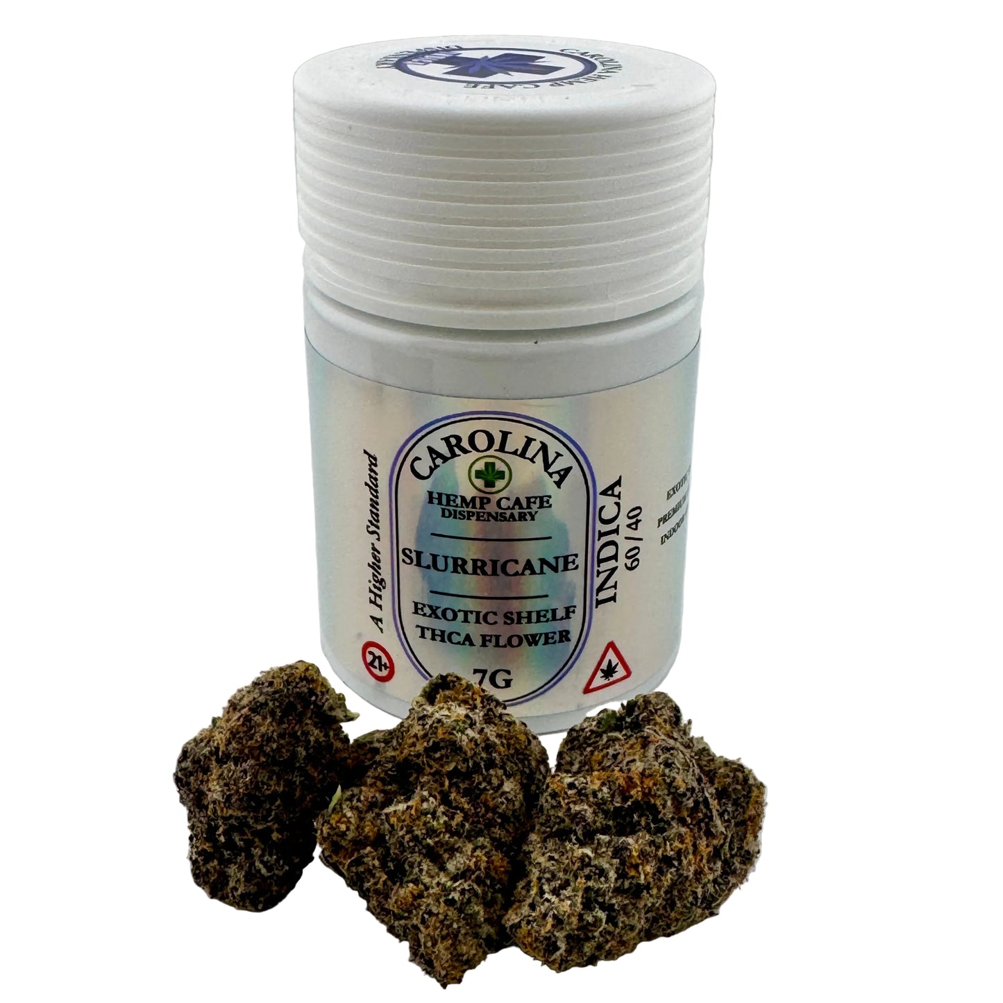 Jar of Carolina Hemp Cafe Dispensary Slurricane Indica exotic shelf thca flower on a white background