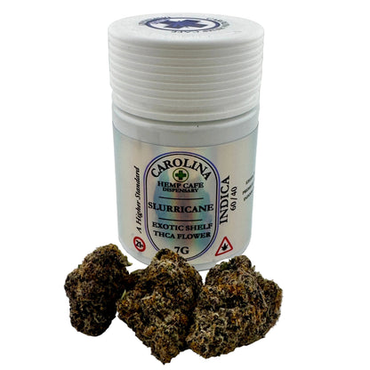 Jar of Carolina Hemp Cafe Dispensary Slurricane Indica exotic shelf thca flower on a white background