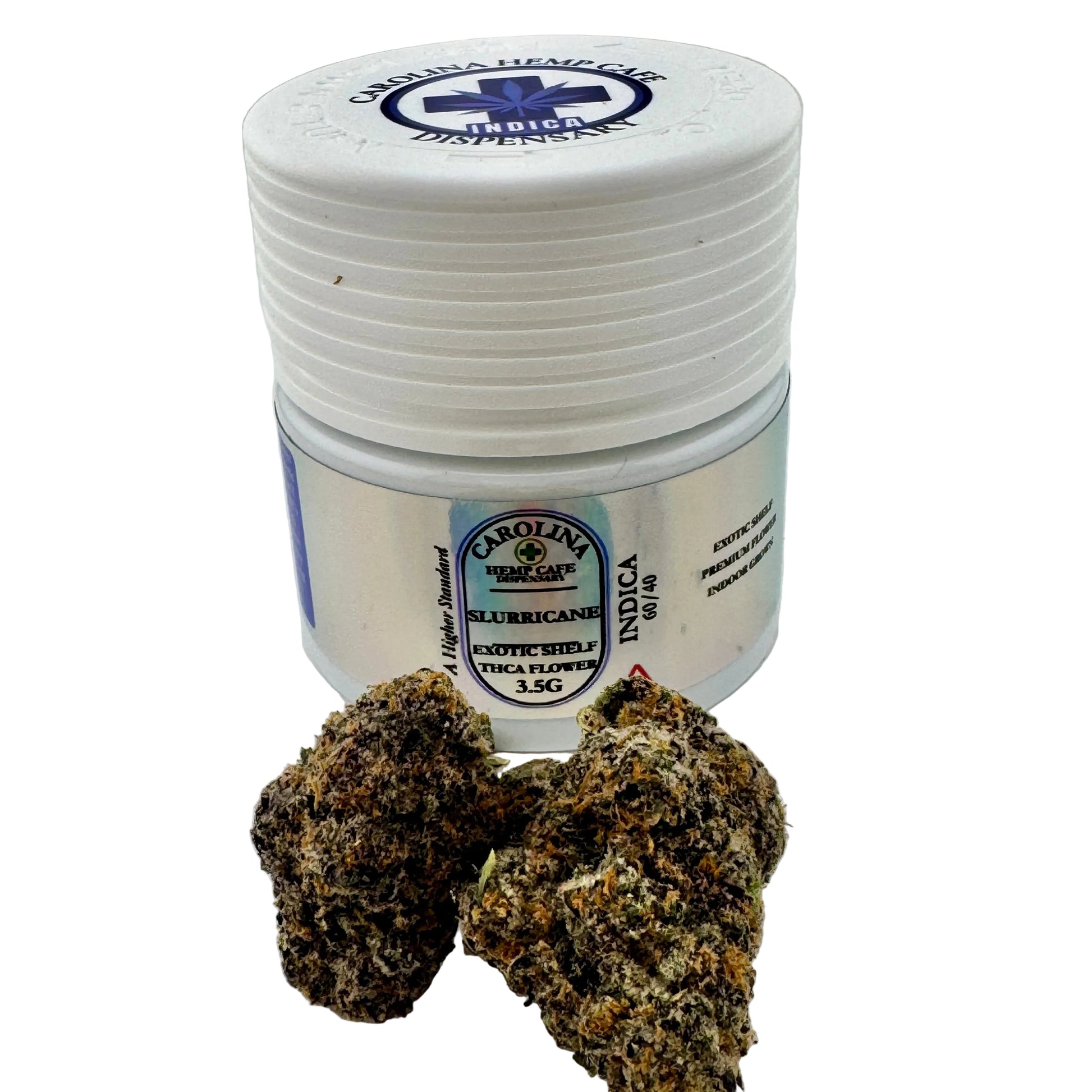 White jar with Carolina Hemp Leaf branding, containing dried cannabis buds on a light gray background.
