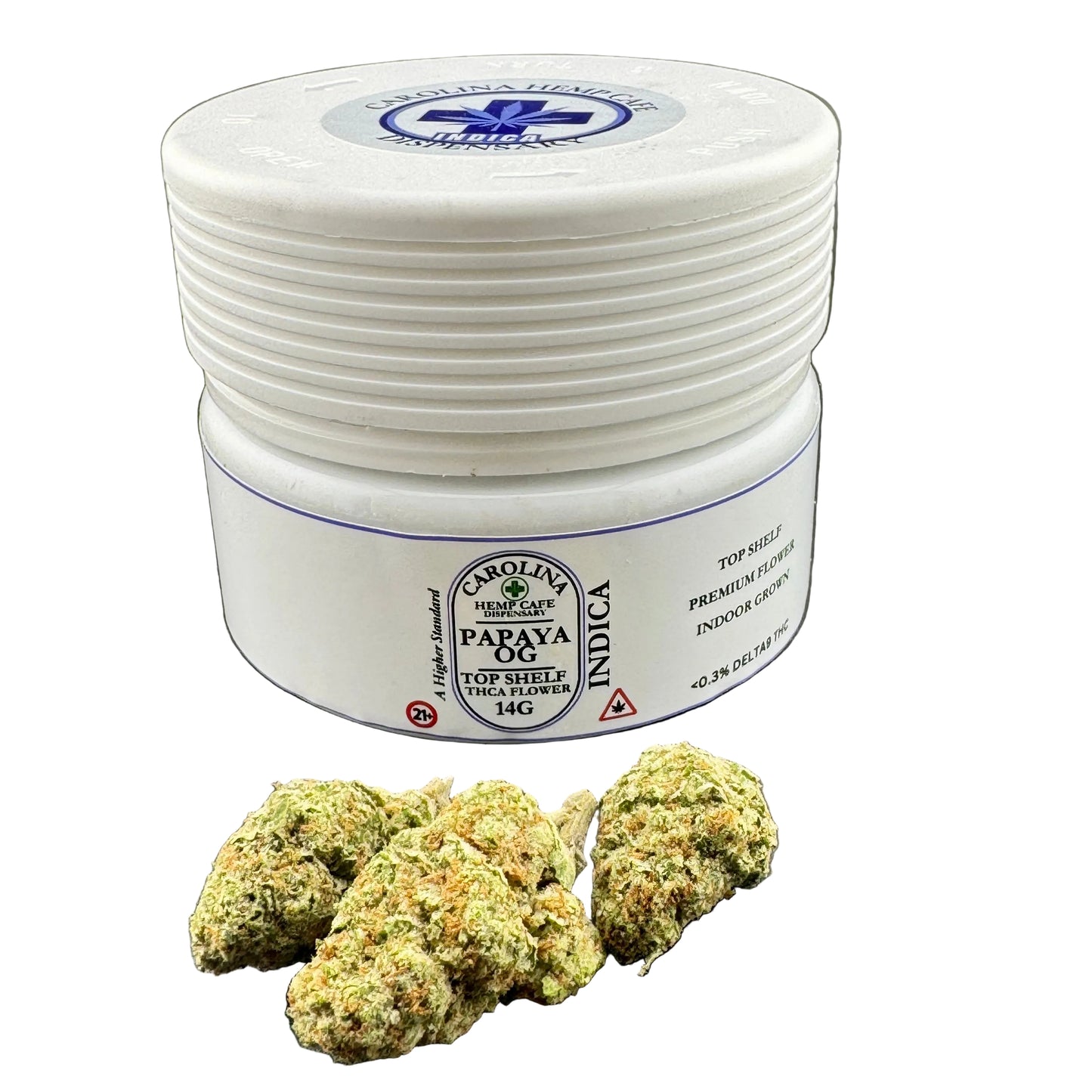 White container with Carolina Reaper branding and cannabis buds on a dark surface