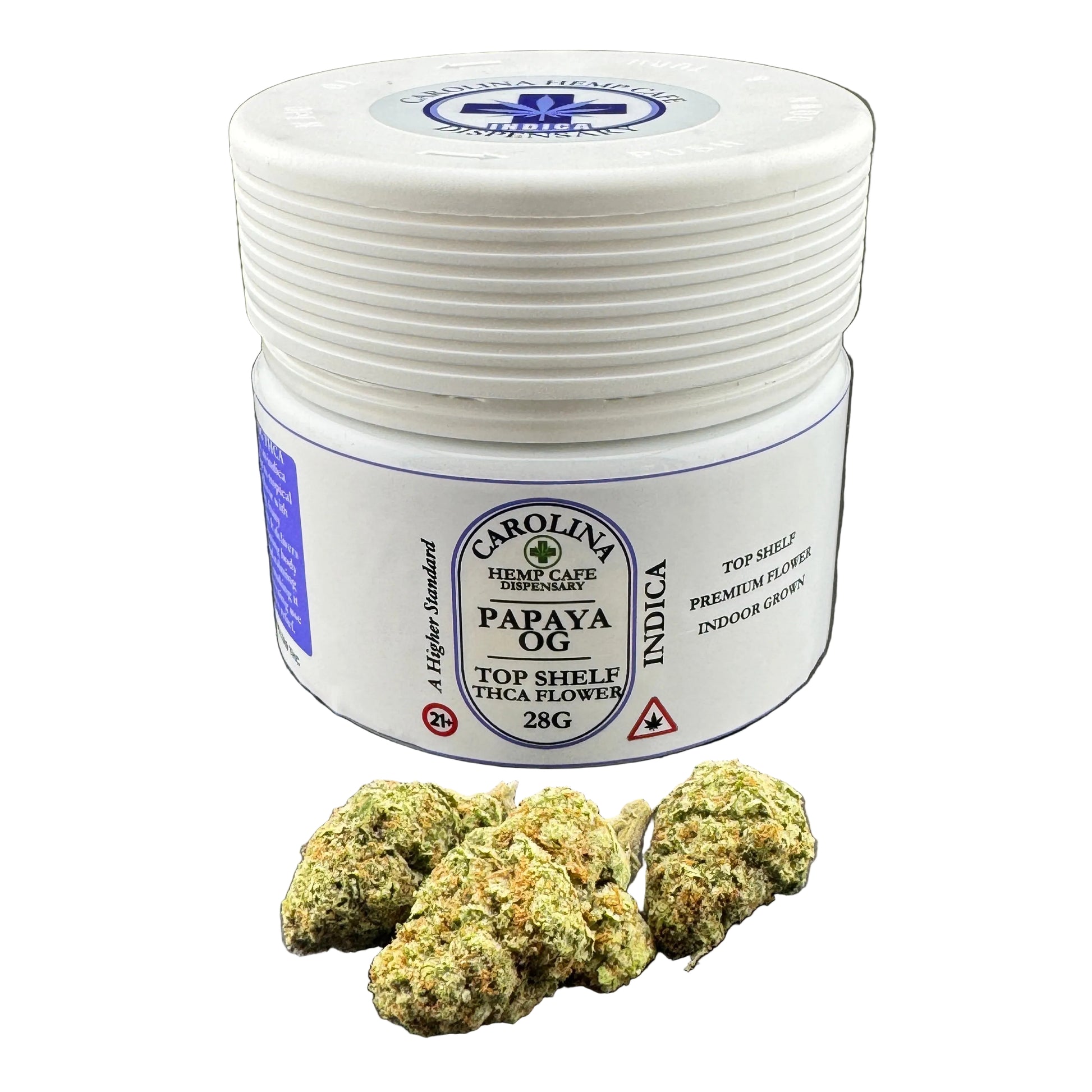 White container labeled 'Carolina Herb Cafe' with cannabis buds on a dark background