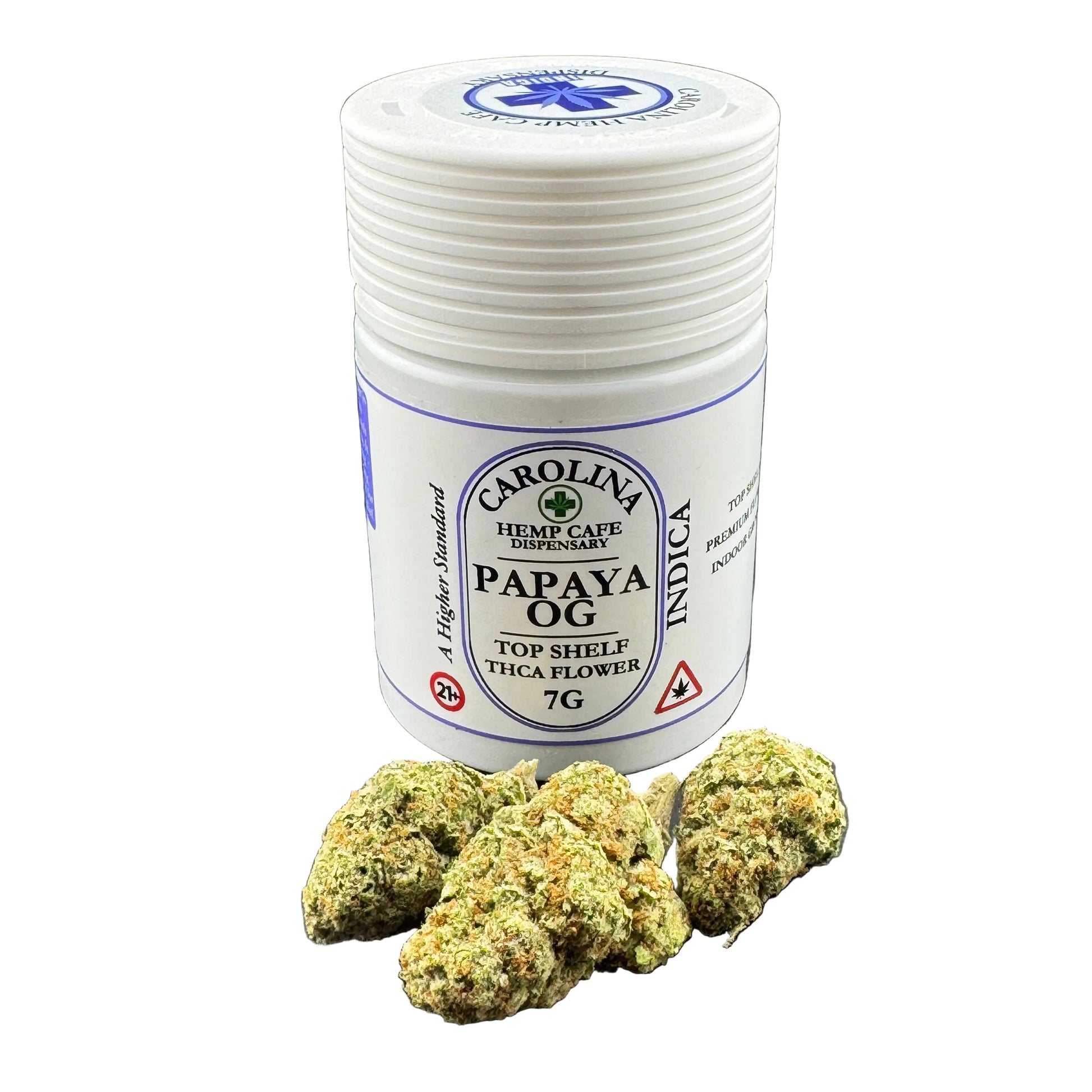 Jar of Carolina Hemp Cafe Papaya OG Indica with cannabis buds on a gray background