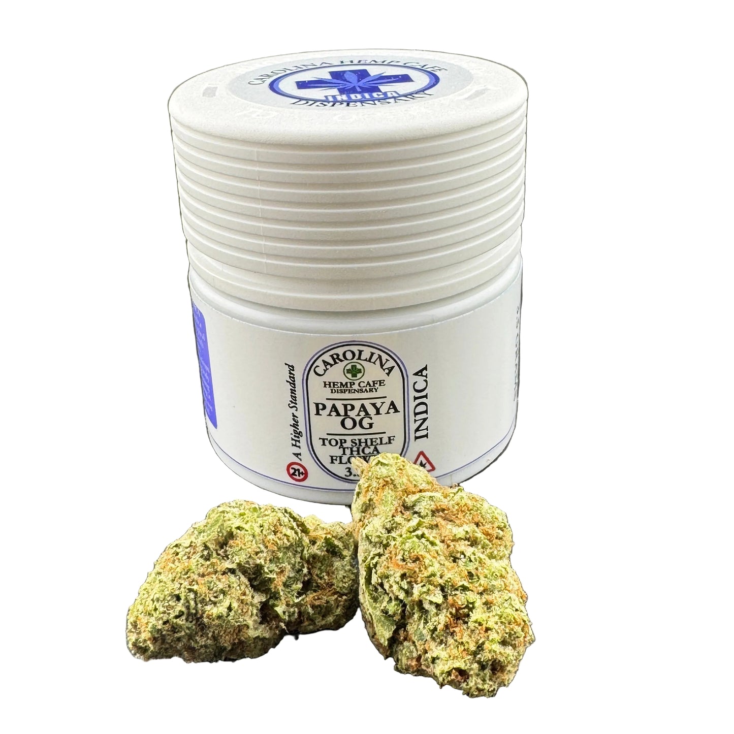 White container labeled 'Carolina Hemp' with cannabis buds on a dark surface