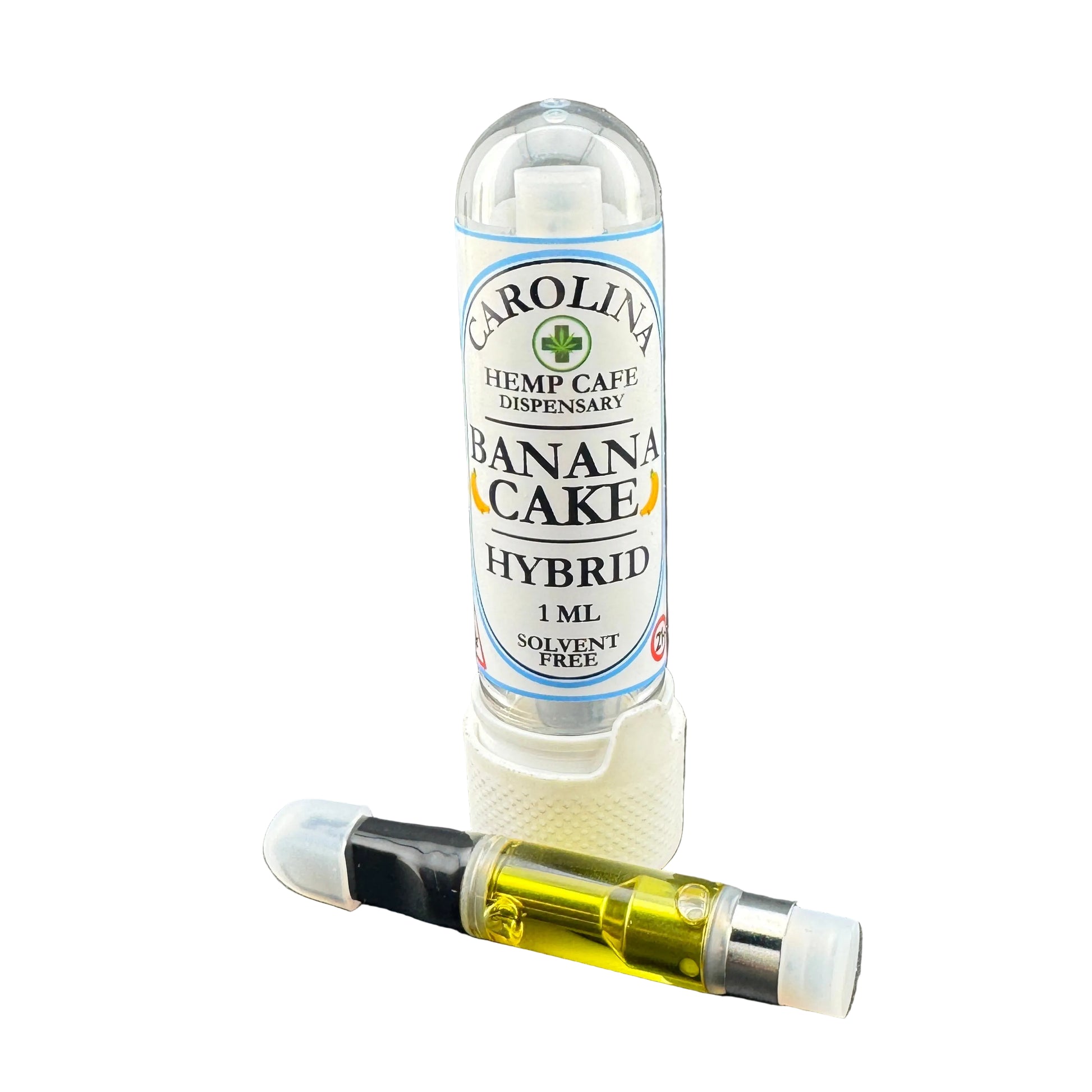 Carolina Hemp Cafe Dispensary vape cartridge labeled 'Banana Cake Hybrid' on a gray background