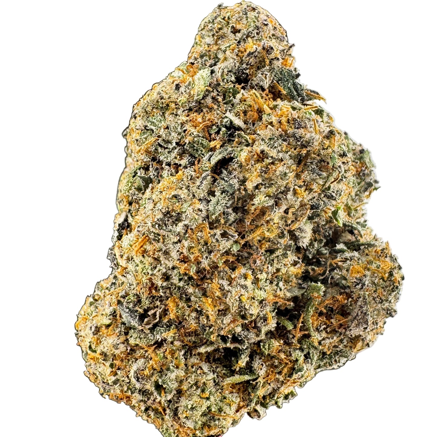 Close-up of a cannabis bud with green and orange hues on a dark background