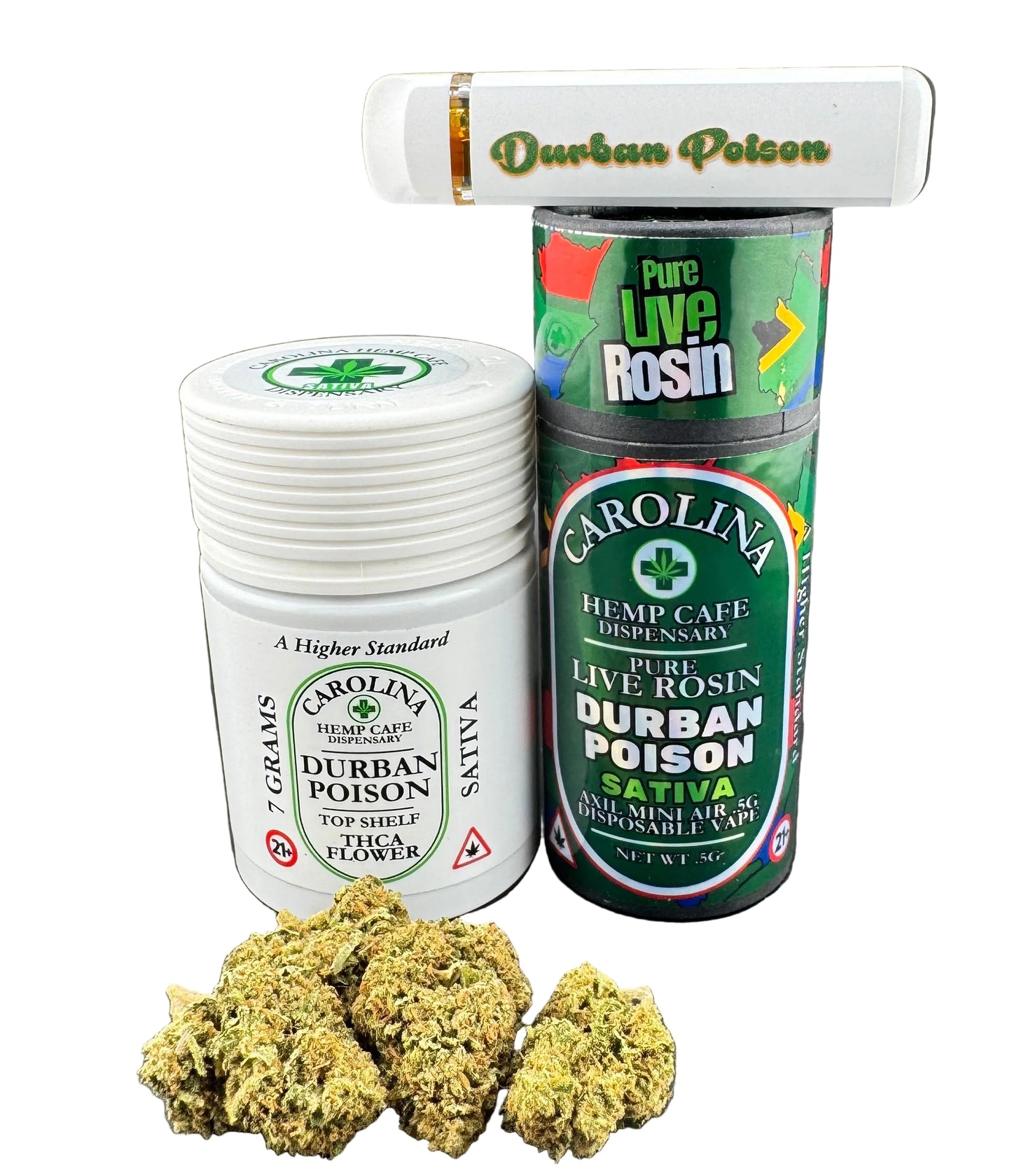 Marijuana products including a container, buds, and packaging on a gray background