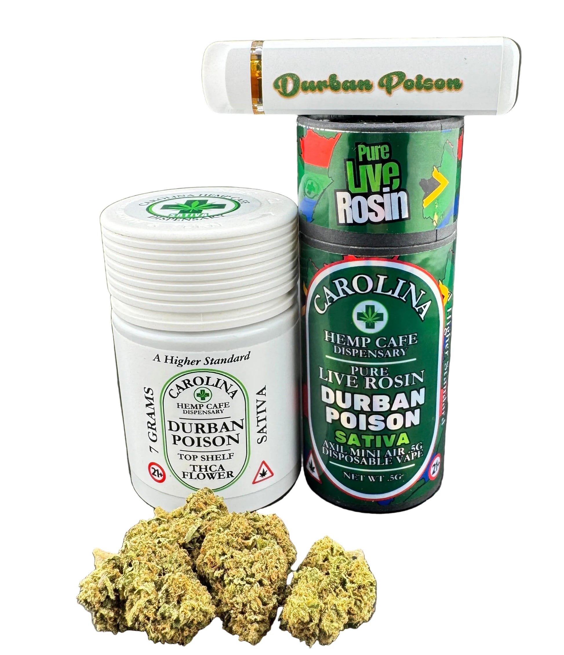 Marijuana products including a container, buds, and packaging on a gray background
