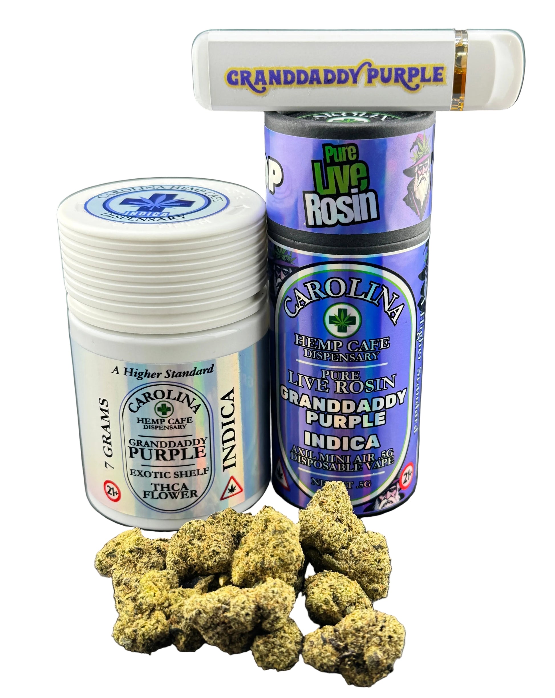 Marijuana buds, a jar, and a Rosin product with 'Granddaddy Purple' branding on a gray background.