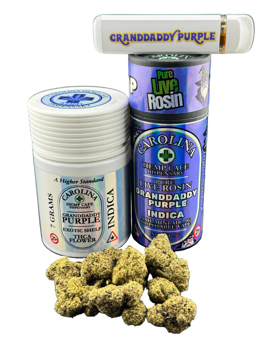 Marijuana buds, a jar, and a Rosin product with 'Granddaddy Purple' branding on a gray background.