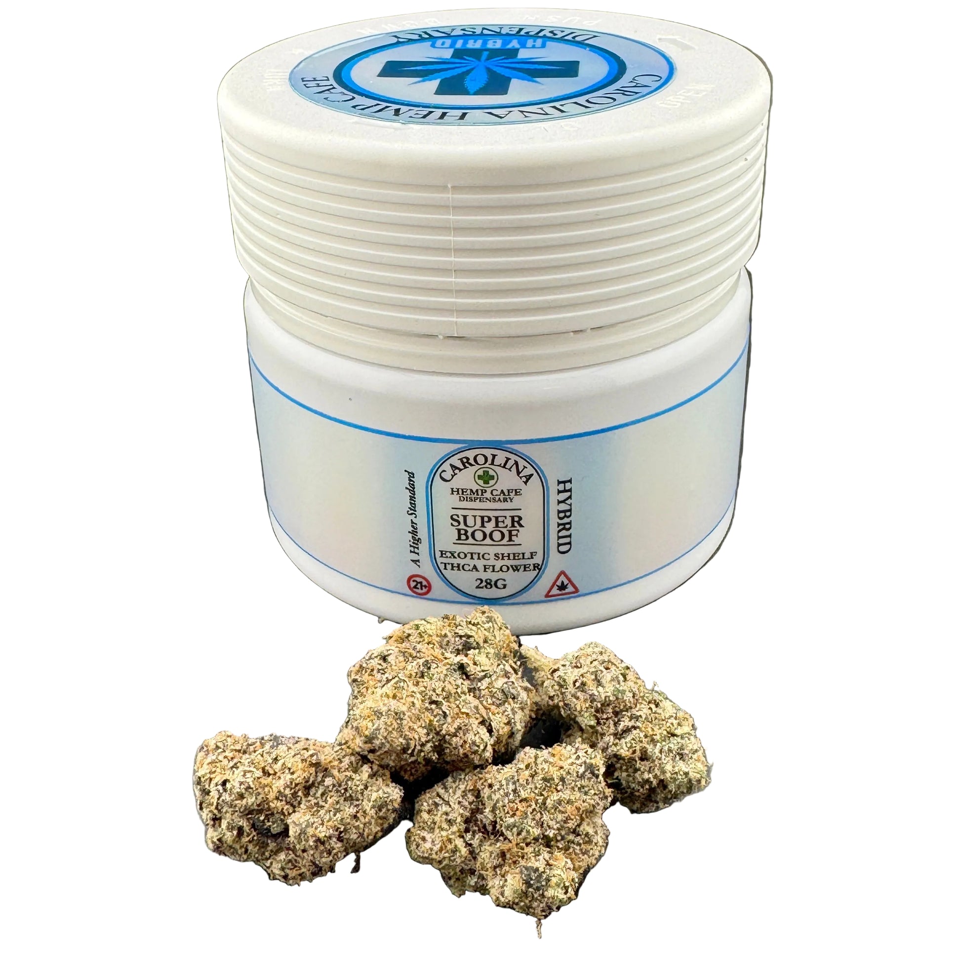 White container labeled 'Carolina Super Blue' with cannabis buds on a gray background