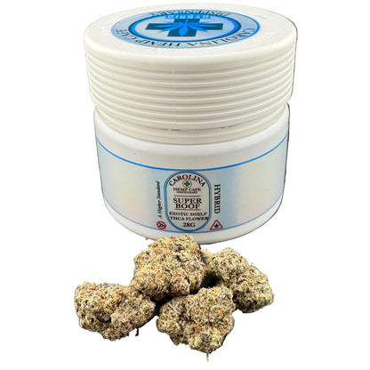 White container labeled 'Carolina Super Blue' with cannabis buds on a gray background