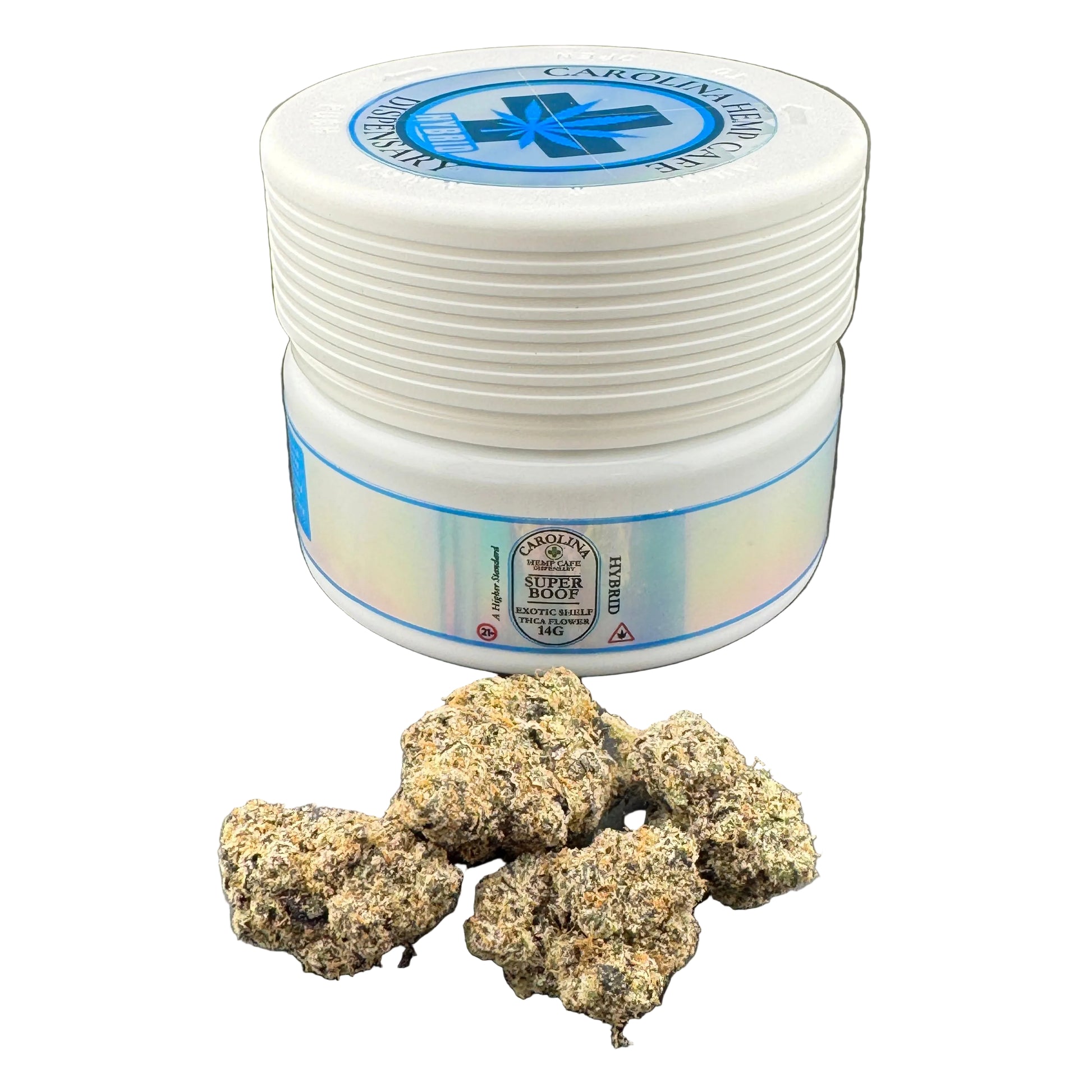 White container with blue label and cannabis buds on a gray background