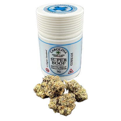 Jar of Carolina Hemp Farms Super Boof hybridTHC flower on a gray background