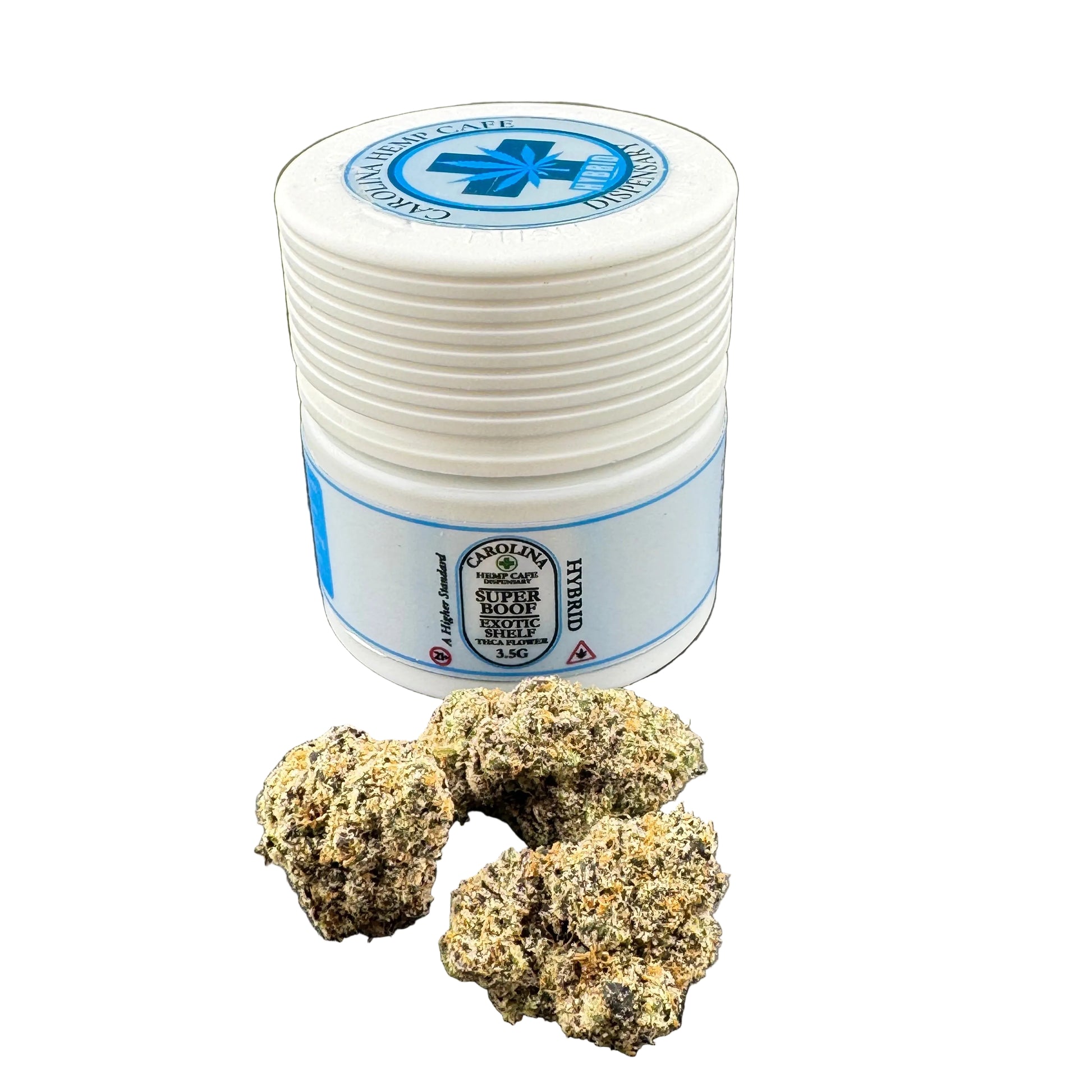 White container with blue label on a gray surface, containing cannabis buds.