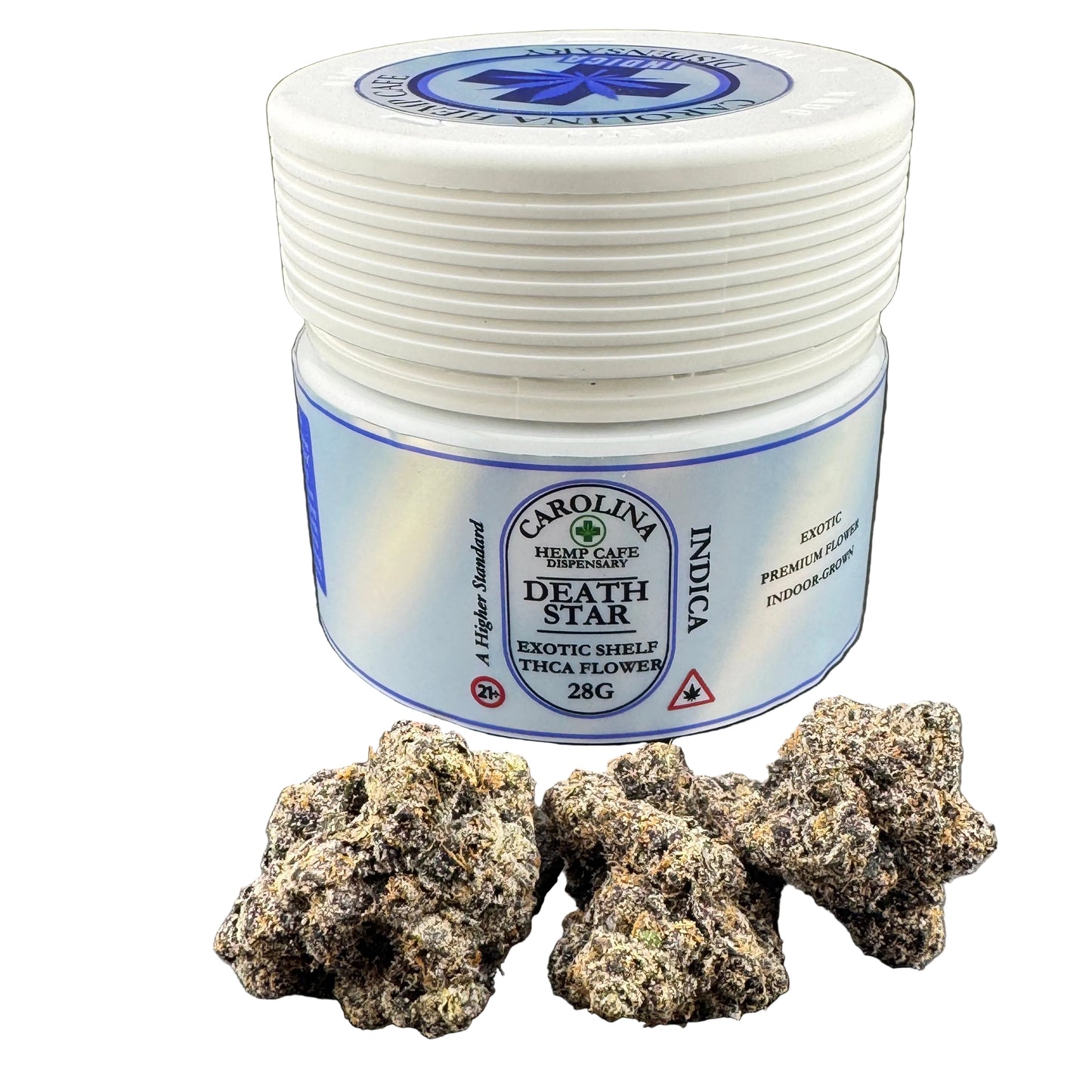 Jar of Carolina Hemp Cafe 'Death Star' Indica with cannabis buds on a white background