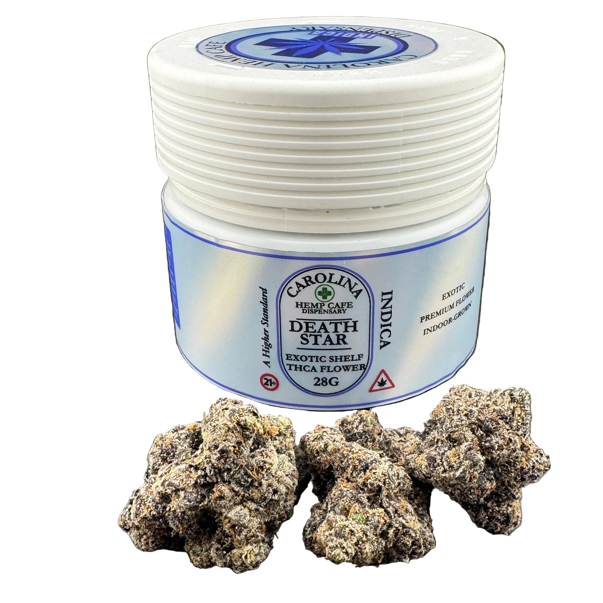 Jar of Carolina Hemp Cafe 'Death Star' Indica with cannabis buds on a white background