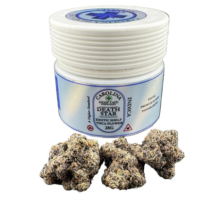 Jar of Carolina Hemp Cafe 'Death Star' Indica with cannabis buds on a white background